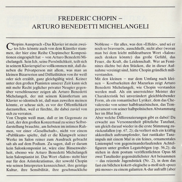 Frédéric Chopin - Arturo Benedetti Michelangeli - 10 Mazurkas · Prélude Op. 45 · Ballade Op.23 · Scherzo Op. 31 (CD) - Discogs image 7