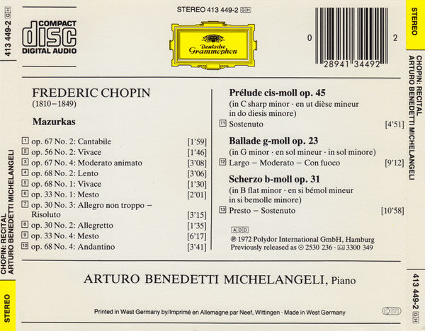Frédéric Chopin - Arturo Benedetti Michelangeli - 10 Mazurkas · Prélude Op. 45 · Ballade Op.23 · Scherzo Op. 31 (CD) - Discogs image 2