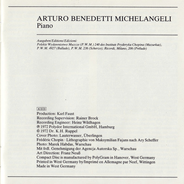 Frédéric Chopin - Arturo Benedetti Michelangeli - 10 Mazurkas · Prélude Op. 45 · Ballade Op.23 · Scherzo Op. 31 (CD) - Discogs image 6