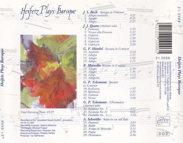 Eli Heifetz, Johann Joachim Quantz, Georg Philipp Telemann, Alfred Schnittke, Georg Friedrich Händel, Johann Sebastian Bach, Benedetto Marcello, Eli Heifetz, Idith Zvi - Heifetz Plays Baroque (CD) - Discogs image 2