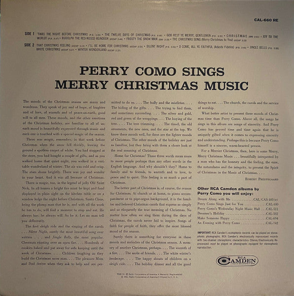 Perry Como - Perry Como Sings Merry Christmas Music (LP) - Discogs image 2