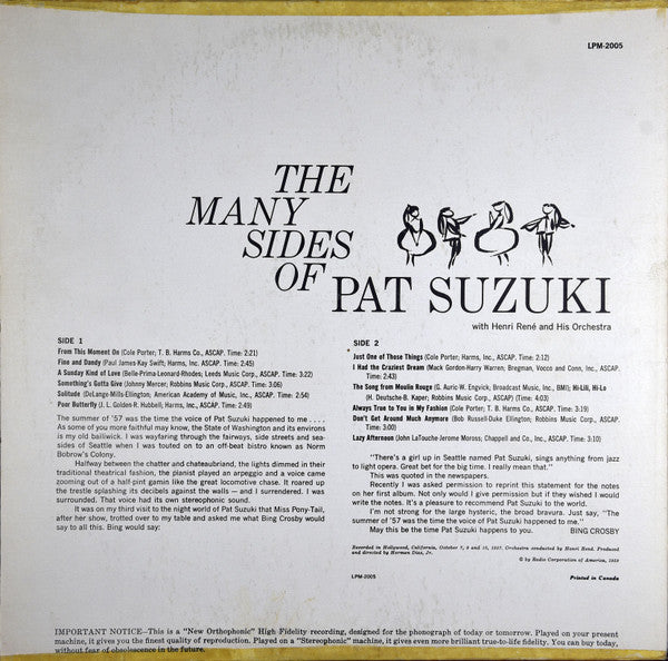 Pat Suzuki With Henri René And His Orchestra - The Many Sides Of Pat Suzuki (LP) - Discogs image 2