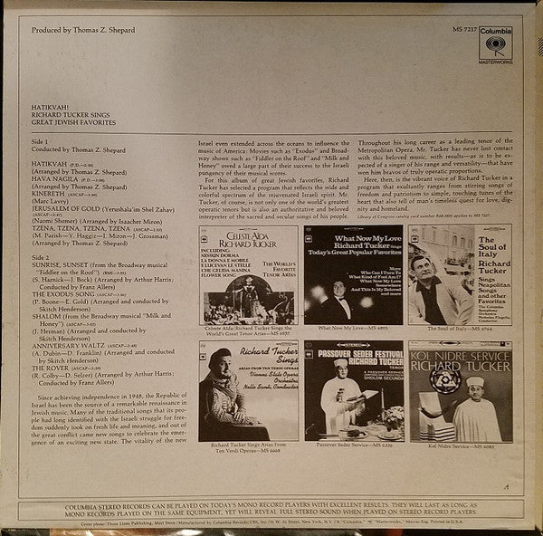 Richard Tucker (2) - Hatikvah! Richard Tucker Sings Jewish Favorites (LP) - Discogs image 2