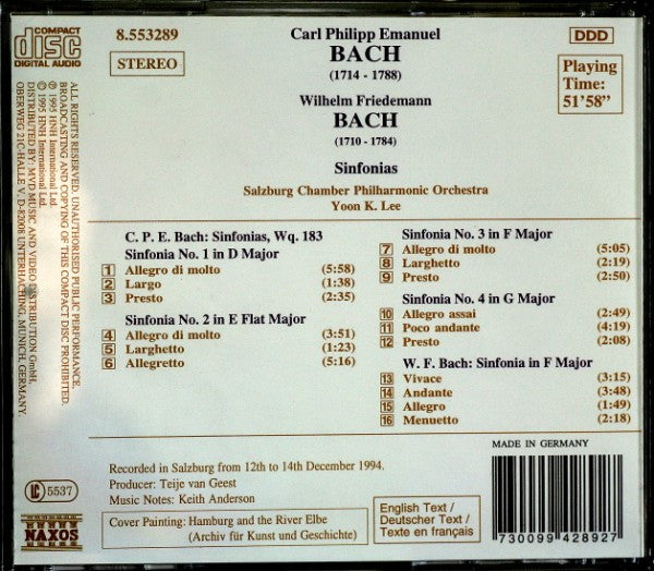 Carl Philipp Emanuel Bach, Wilhelm Friedemann Bach - Salzburger Kammerphilharmonie, Yoon Kuk Lee - Sinfonias, Wq. 183, Nos. 1 - 4 / Sinfonia In F Major (CD) - Discogs image 2