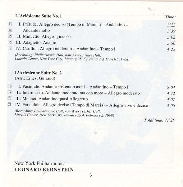 Georges Bizet – Leonard Bernstein, New York Philharmonic - Carmen Suites No. 1 & No. 2 • L'Arlésienne Suites No. 1 & No. 2 (CD) - Discogs image 7
