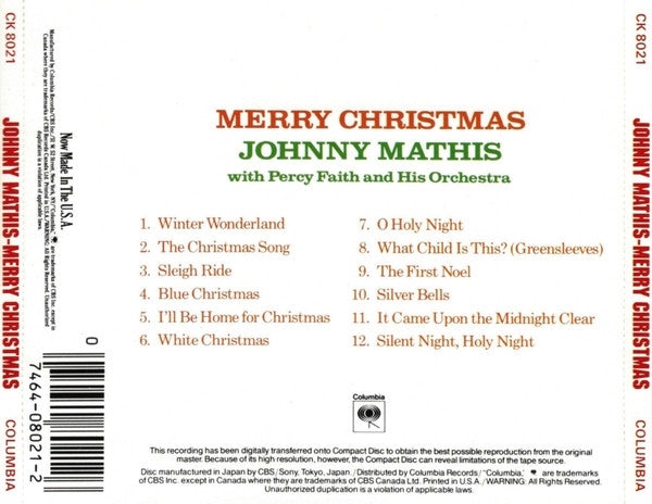 Johnny Mathis With Percy Faith & His Orchestra - Merry Christmas (CD) - Discogs image 2
