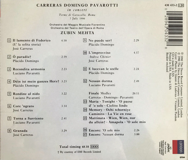 José Carreras, Placido Domingo, Luciano Pavarotti, Zubin Mehta : In Concert (CD, Album)