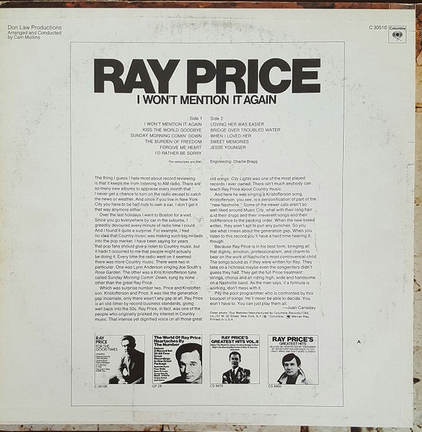 Ray Price : I Won't Mention It Again (LP, Album, Ter)