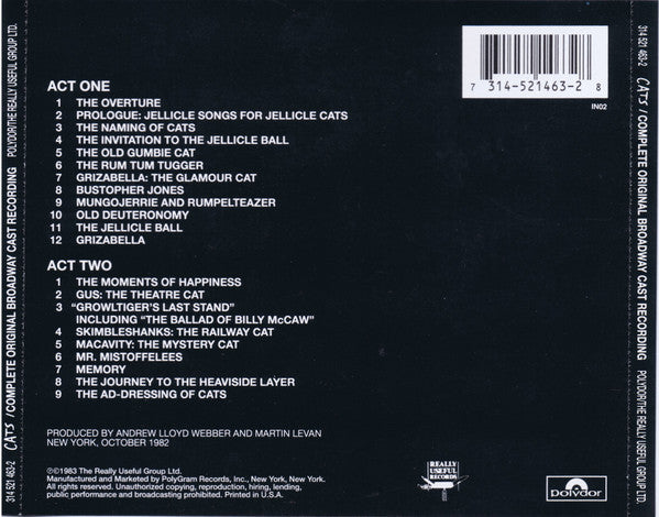 Andrew Lloyd Webber : Cats (Complete Original Broadway Cast Recording) (2xCD, Album)