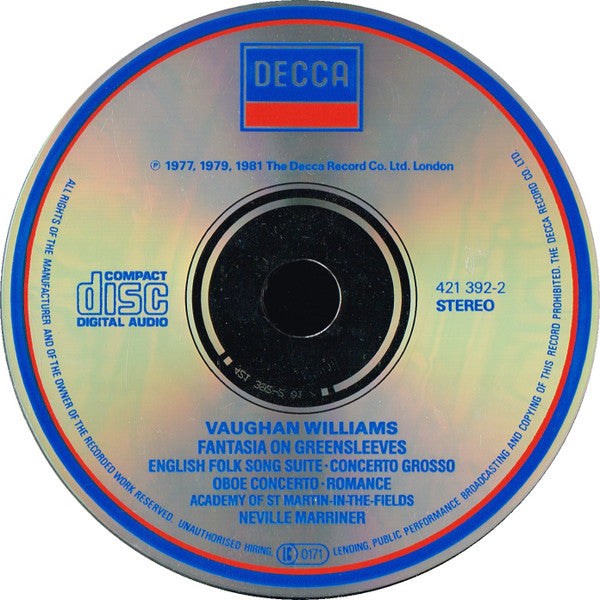 Ralph Vaughan Williams, Sir Neville Marriner : Fantasia On Greensleeves / English Folk Song Suite (CD, Comp)