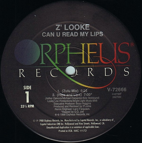 Z'Looke : Can U Read My Lips (Re-mixes January '89) (12", Maxi)