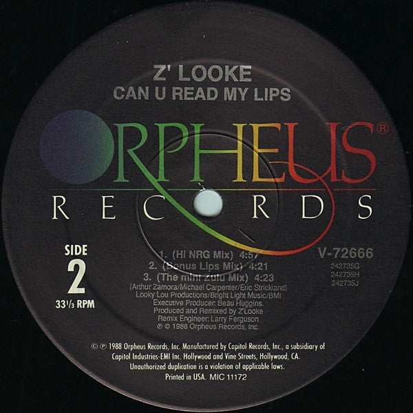 Z'Looke : Can U Read My Lips (Re-mixes January '89) (12", Maxi)