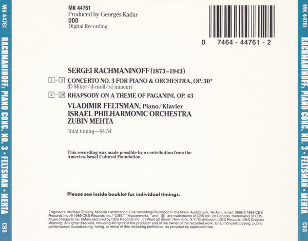 Sergei Vasilyevich Rachmaninoff, Vladimir Feltsman, Zubin Mehta, Israel Philharmonic Orchestra : Piano Concerto No. 3 / Rhapsody On A Theme Of Paganini (CD, Album)