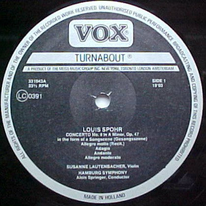 Louis Spohr : Violin Concerto No. 8 In A Minor, Op. 47, Potpourri For Violin, Cello With Orchestra, Op. 64, Grand Duo For Violin & Viola In E Minor, Op. 13 (LP, RE)