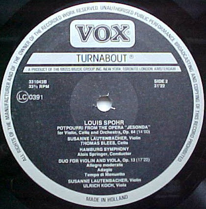 Louis Spohr : Violin Concerto No. 8 In A Minor, Op. 47, Potpourri For Violin, Cello With Orchestra, Op. 64, Grand Duo For Violin & Viola In E Minor, Op. 13 (LP, RE)