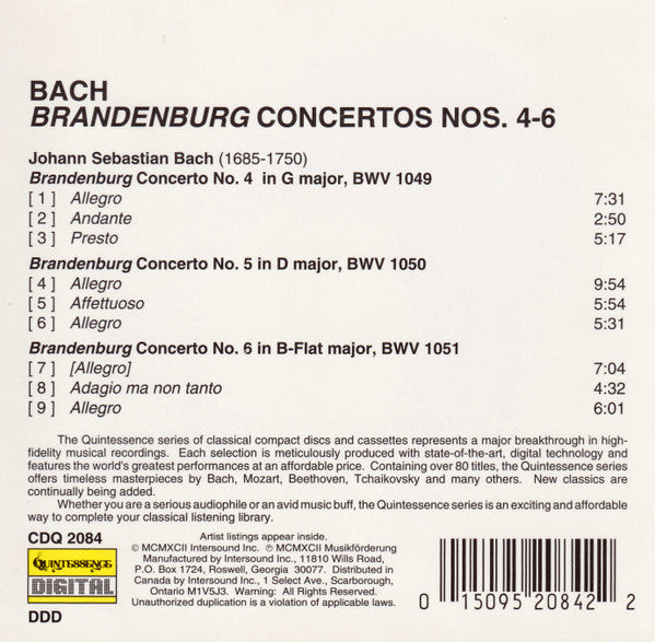 Johann Sebastian Bach : Brandenburg Concertos Nos. 4-6 (CD, Album)