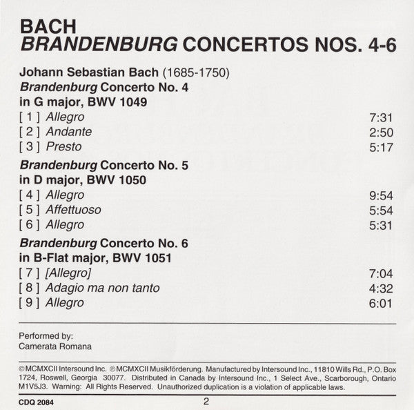 Johann Sebastian Bach : Brandenburg Concertos Nos. 4-6 (CD, Album)