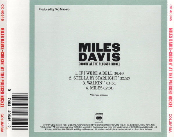 Miles Davis : Cookin' At The Plugged Nickel (CD, Album, RM)