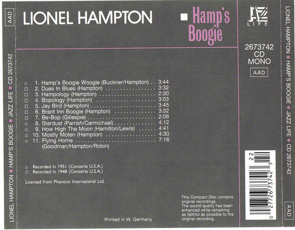Lionel Hampton : Hamp's Boogie (CD, Album, Comp, Mono)