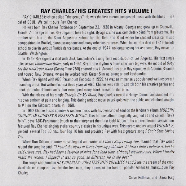 Ray Charles : His Greatest Hits Vol. 1 (CD, Comp, RM)