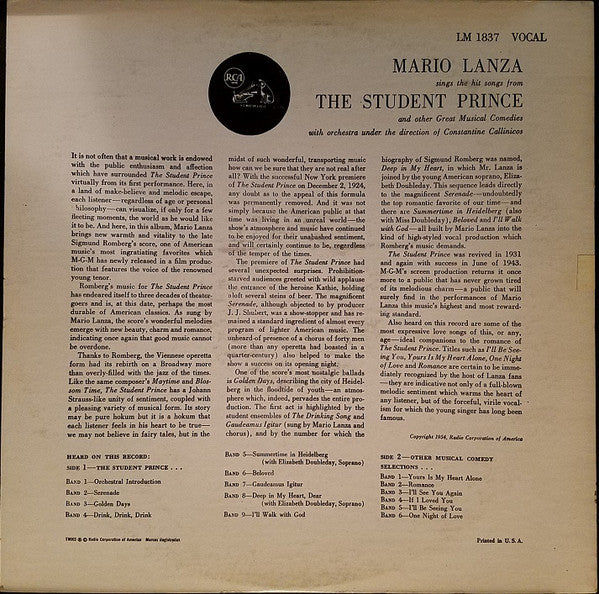 Mario Lanza : Mario Lanza Sings The Hit Songs From The Student Prince And Other Great Musical Comedies (LP, Album, RE)