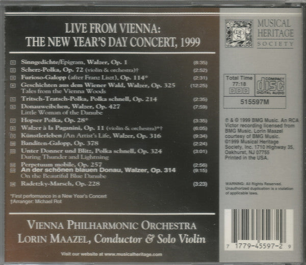 Wiener Philharmoniker, Lorin Maazel : Live From Vienna: The New Year's Day Concert, 1999 (CD, Album, Club)