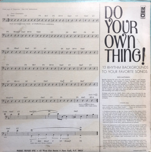 The Rich Mattheson Quartet, The Vinson Hill Quartet : Do Your Own Thing! Music Minus One Instrumentalist (LP)