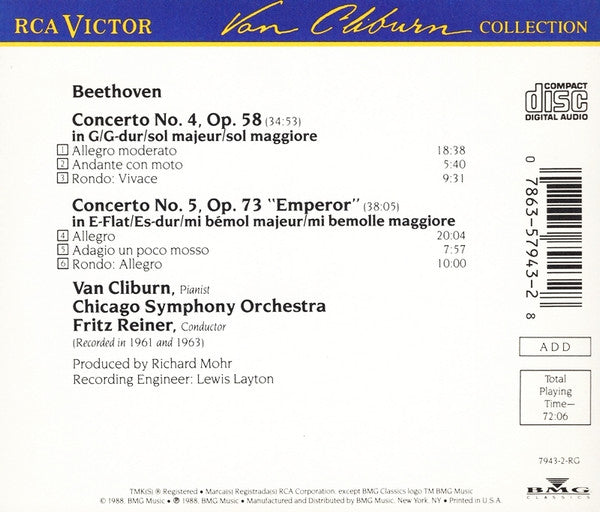 Van Cliburn - Chicago Symphony Orchestra - Fritz Reiner / Ludwig van Beethoven : Concertos No. 4 & 5 "Emperor" (CD, Comp, RM)