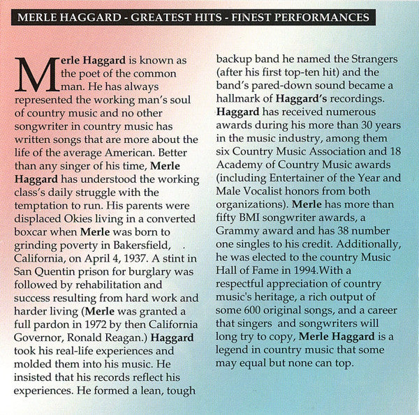 Merle Haggard : Greatest Hits Finest Performances (CD, Comp)