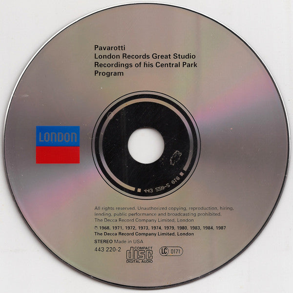 Luciano Pavarotti : London Records Great Studio Recordings Of His Central Park Program (CD, Comp)