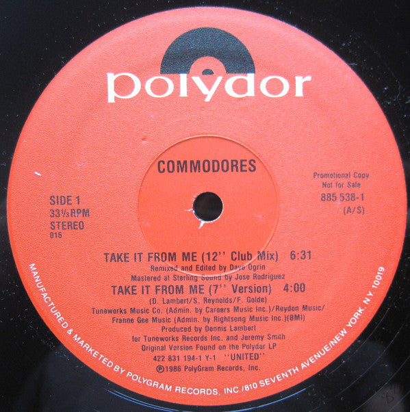 Commodores : Take It From Me (12", Promo)