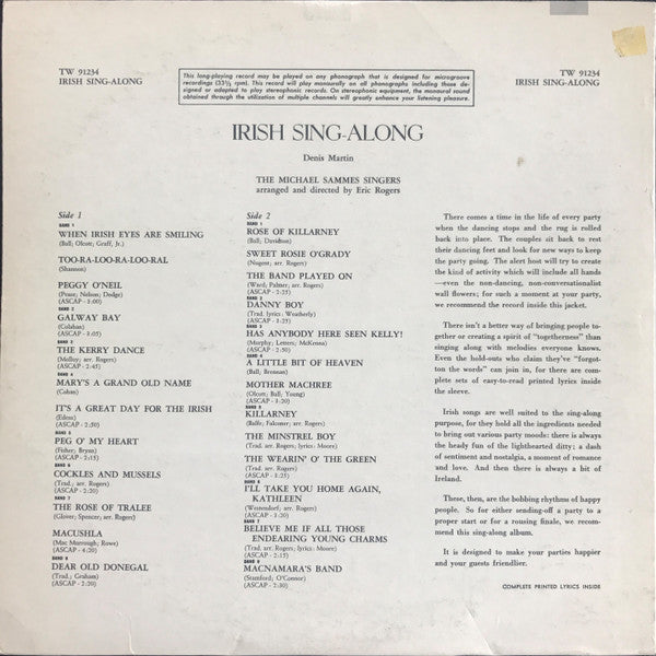 Denis Martin : Irish Sing-Along (LP, Album, Mono)