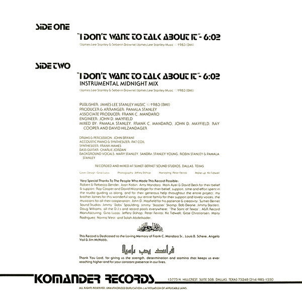 Pamala Stanley : I Don't Want To Talk About It (12")