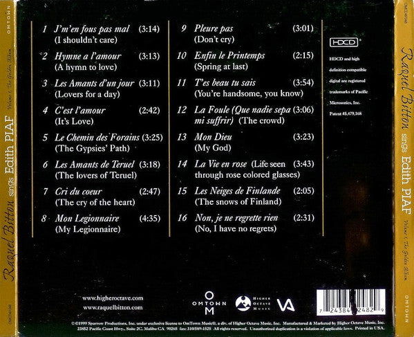 Raquel Bitton : Sings Edith Piaf - Volume 1, The Golden Album (HDCD, Album, Dig)