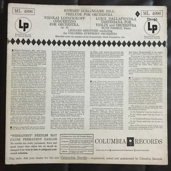 Leonard Bernstein Conducting Columbia Symphony Orchestra : Edward Burlingame Hill: Prelude For Orchestra /  Nikolai Lopatnikoff: Concertino For Orchestra, Op.30 / Luigi Dallapiccola: Tartiniana For Violin And Orchestra (LP, Album, Mono)