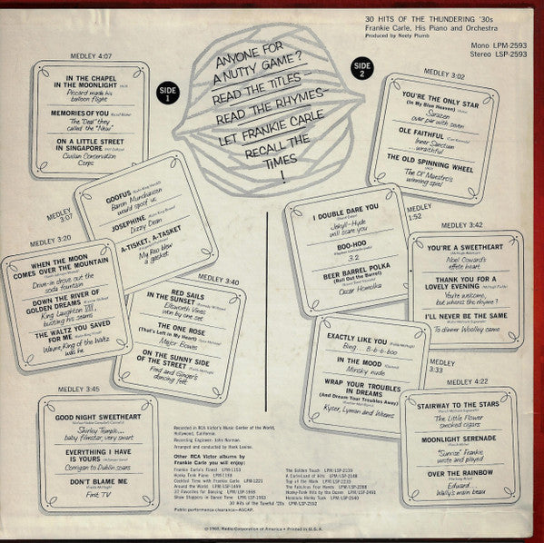 Frankie Carle And His Orchestra : 30 Hits Of The Thundering '30s (LP)