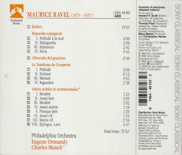 Maurice Ravel - The Philadelphia Orchestra · Eugene Ormandy · Charles Munch : Boléro · Rapsodie Espagnole · Alborada Del Gracioso · Le Tombeau De Couperin · Valses Nobles Et Sentimentales (CD, Comp, RM)