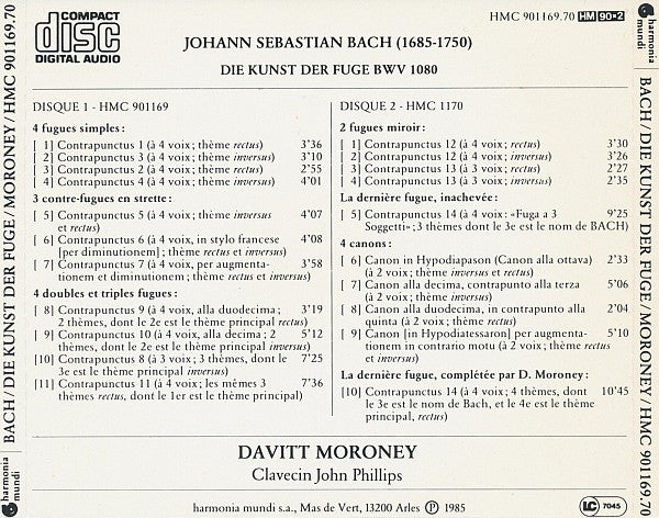 Johann Sebastian Bach - Davitt Moroney : Die Kunst Der Fuge BWV 1080 (2xCD, Album)