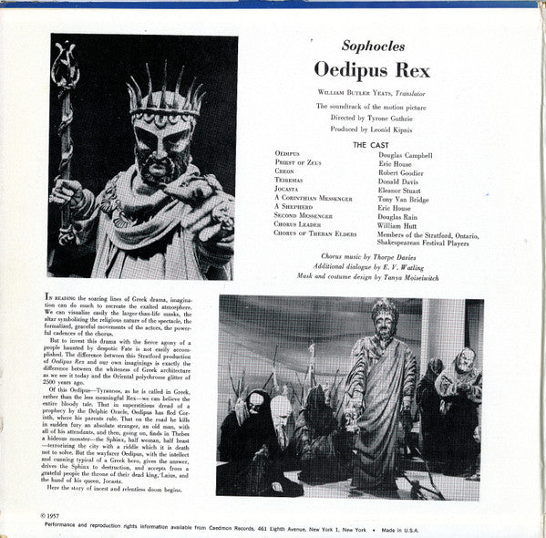 Sophocles - Tyrone Guthrie, Douglas Campbell, The Stratford, Ontario, Shakespearian Festival Players - William Butler Yeats, Leonid Kipnis : Oedipus Rex (2xLP, Mono, Gat)