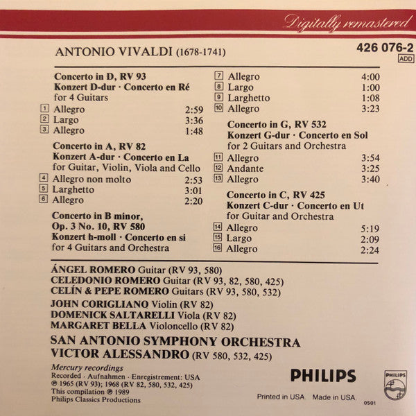 The Romeros - Antonio Vivaldi, San Antonio Symphony Orchestra : Guitar Concertos (CD, Album, RE, RM)