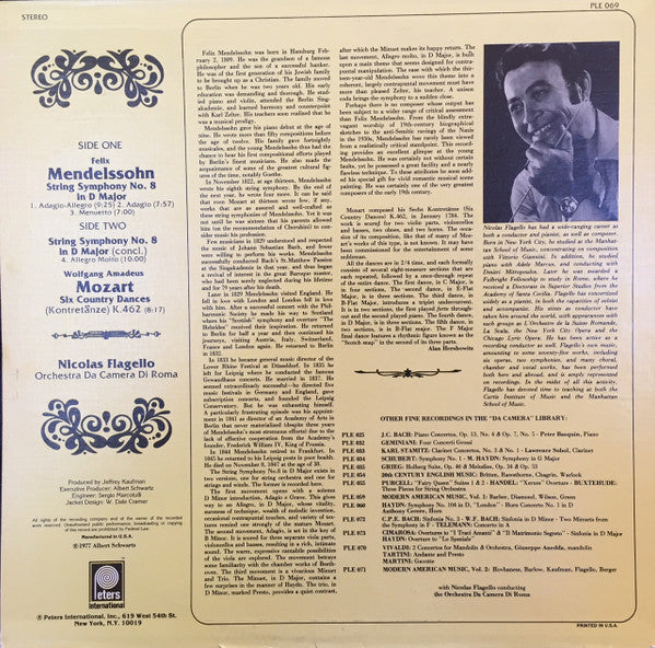 Felix Mendelssohn-Bartholdy / Wolfgang Amadeus Mozart – Nicolas Flagello, Orchestra Da Camera Di Roma : String Symphony No. 8 In D Major / Six Country Dances, K. 462 (LP)