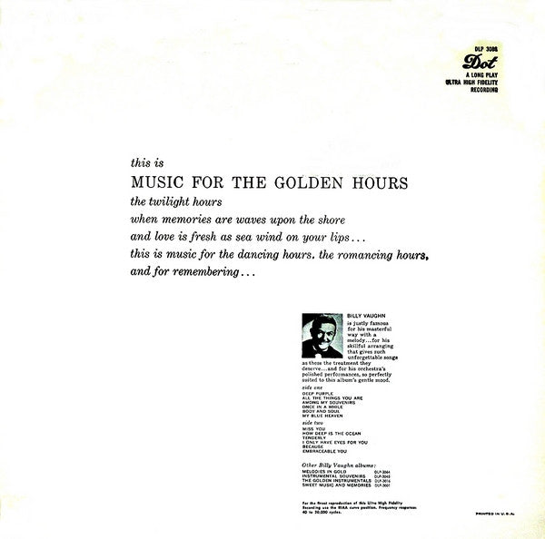 Billy Vaughn And His Orchestra : Music For The Golden Hours (LP, Album)