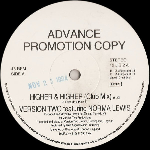 Version Two featuring Norma Lewis : Higher & Higher (12", Promo)