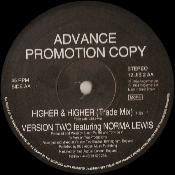 Version Two featuring Norma Lewis : Higher & Higher (12", Promo)