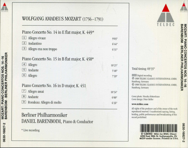 Wolfgang Amadeus Mozart : Daniel Barenboim, Berliner Philharmoniker : Piano Concertos Nos. 14-16 (CD, Album, Club)