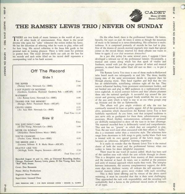 The Ramsey Lewis Trio : Never On Sunday (LP, Album, Mono, RE)