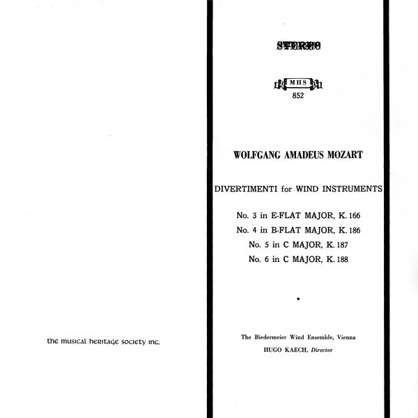 Wolfgang Amadeus Mozart, Biedermeier Wind Ensemble, Hugo Käch : Divertimenti For Wind Instruments (LP)