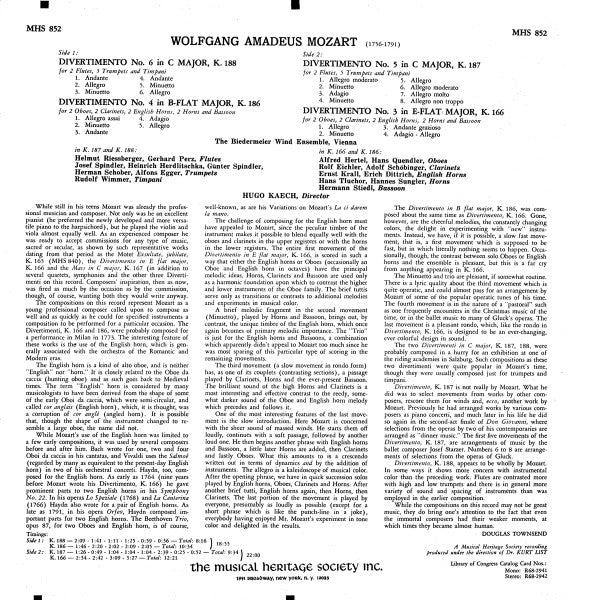Wolfgang Amadeus Mozart, Biedermeier Wind Ensemble, Hugo Käch : Divertimenti For Wind Instruments (LP)