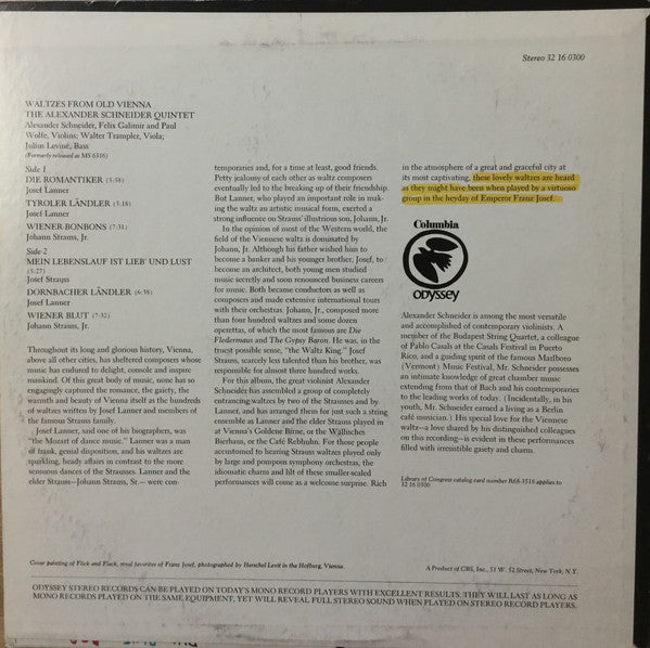 The Schneider Quartet : Waltzes From Old Vienna: The Music Of Josef Strauss, Josef Lanner And Johann Strauss (LP, Album, RE)