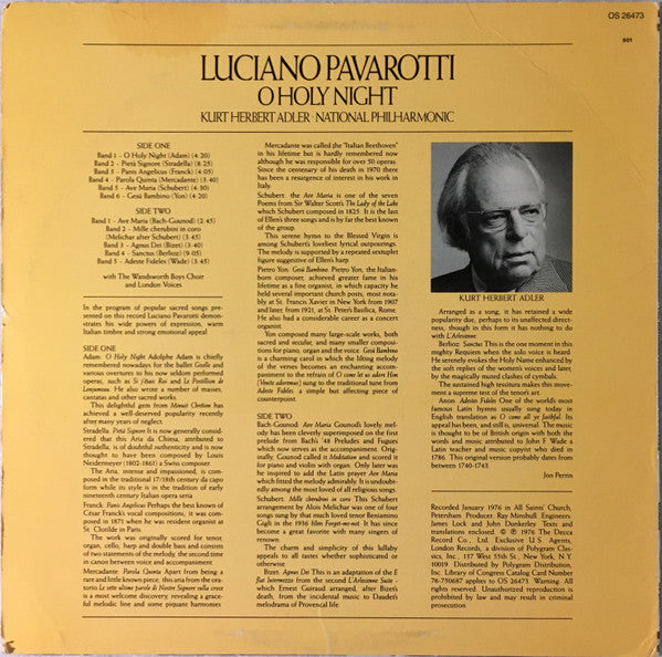 Luciano Pavarotti, Kurt Herbert Adler, National Philharmonic Orchestra : O Holy Night (LP, RE, Spe)